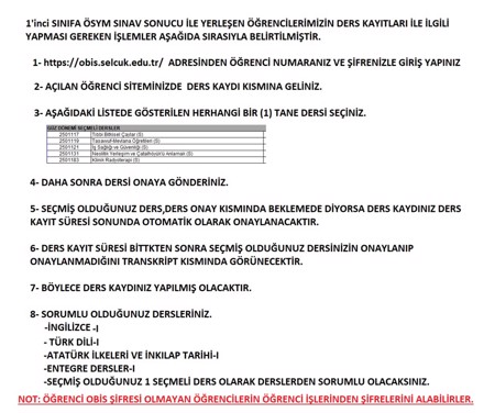 Yeni Kayıt Yaptıranlar İçin Ders Kayıt Duyurusu